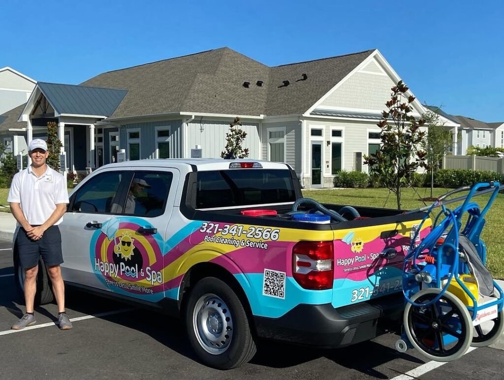 professional pool technician performing weekly pool service on residential pool in Brevard County Florida